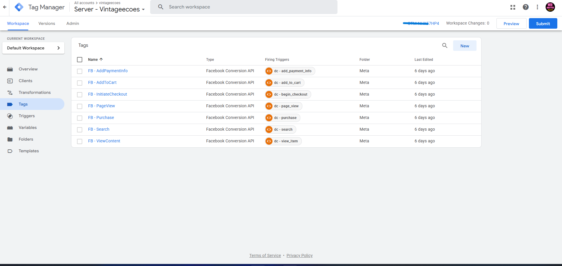 Google tag manager server container Tags